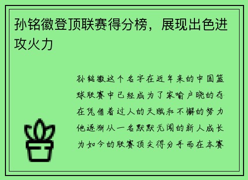 孙铭徽登顶联赛得分榜，展现出色进攻火力