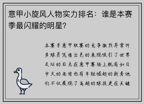 意甲小旋风人物实力排名：谁是本赛季最闪耀的明星？
