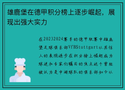 雄鹿堡在德甲积分榜上逐步崛起，展现出强大实力