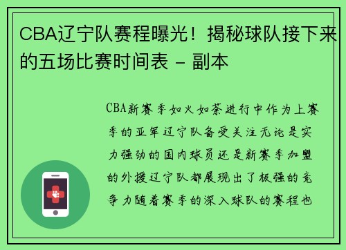 CBA辽宁队赛程曝光！揭秘球队接下来的五场比赛时间表 - 副本