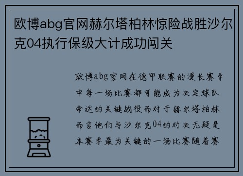 欧博abg官网赫尔塔柏林惊险战胜沙尔克04执行保级大计成功闯关