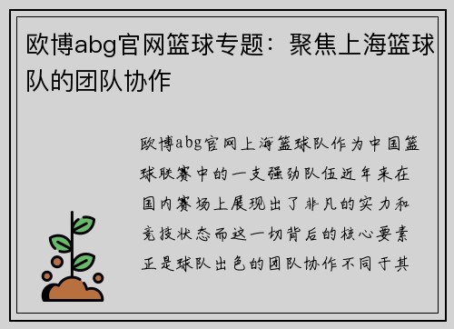 欧博abg官网篮球专题：聚焦上海篮球队的团队协作